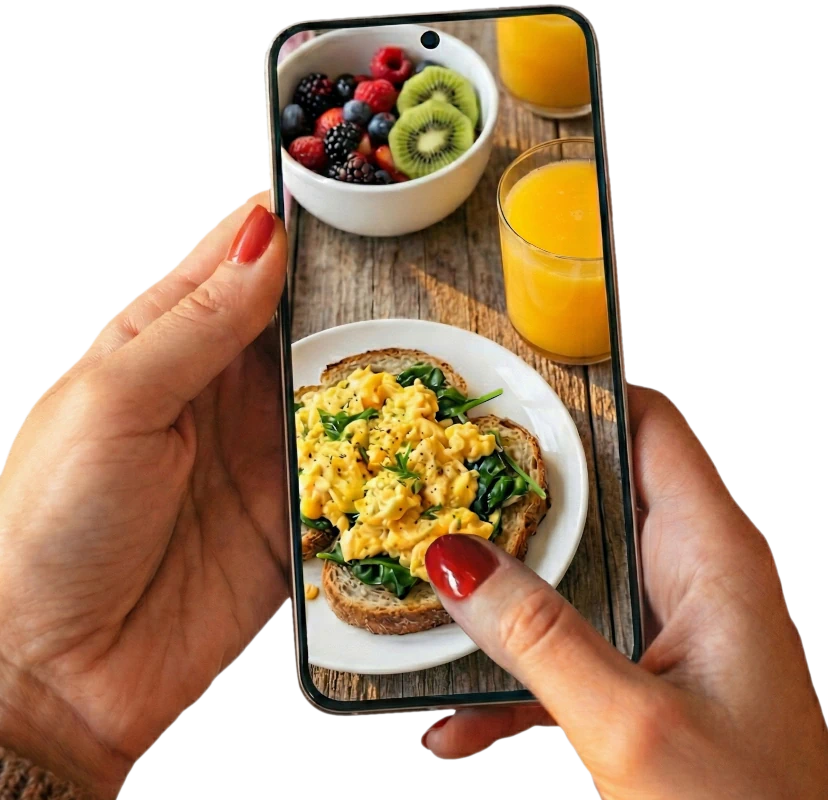 Hands holding phone taking food photo
